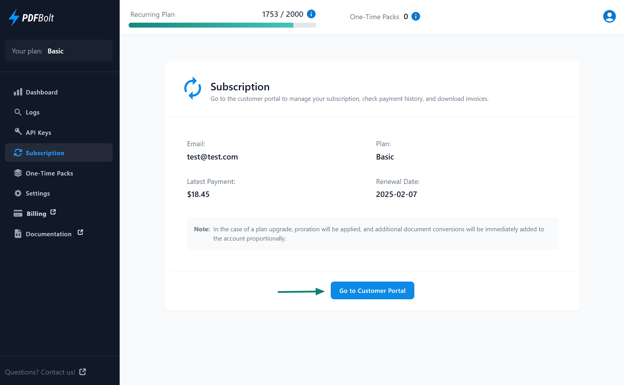 Active subscription page showing plan details, billing, and renewal information