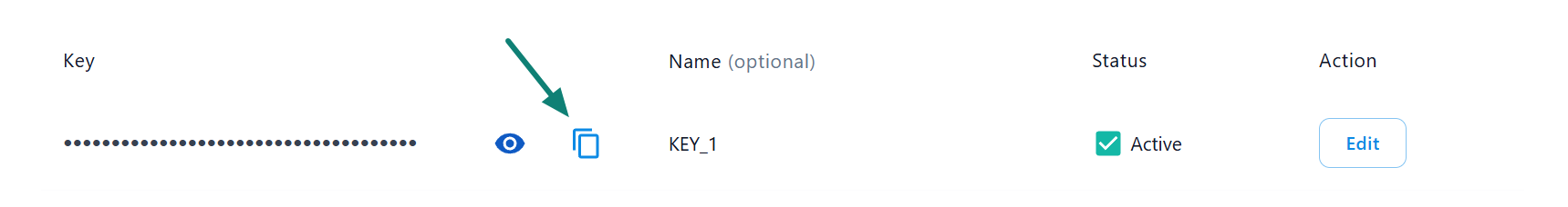 Details view of an API key, showing its name, status, copy and edit button