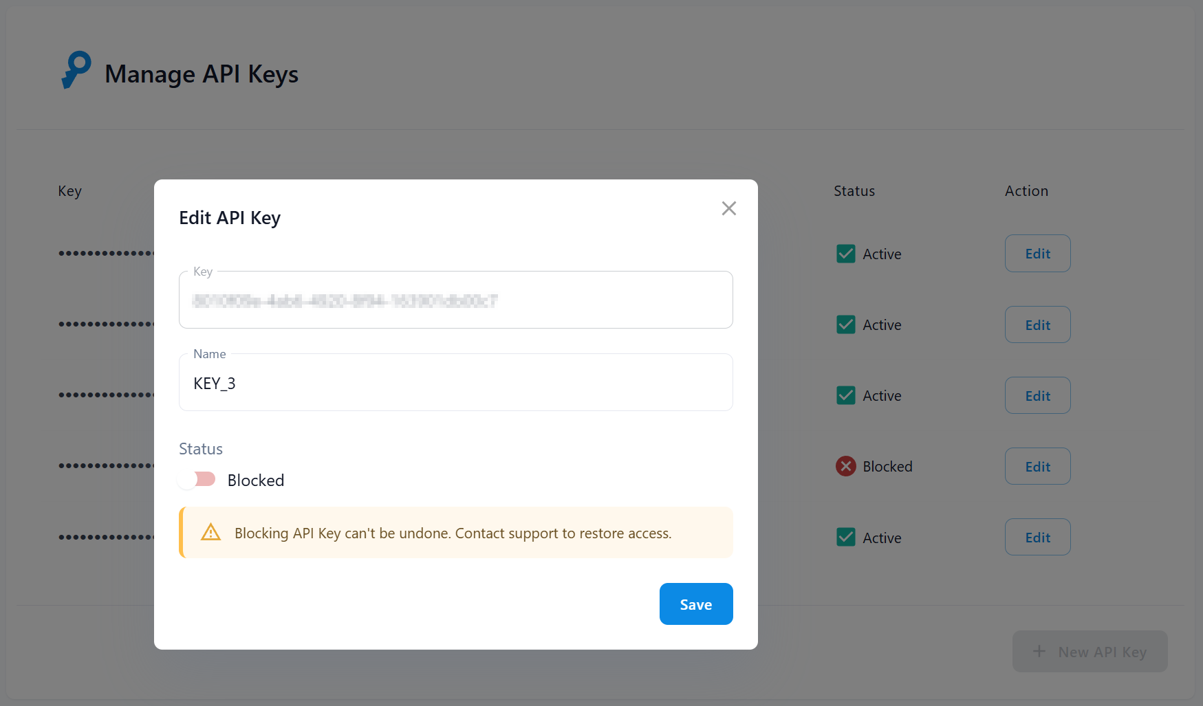 Modal window for editing an API key, including renaming or revoking options