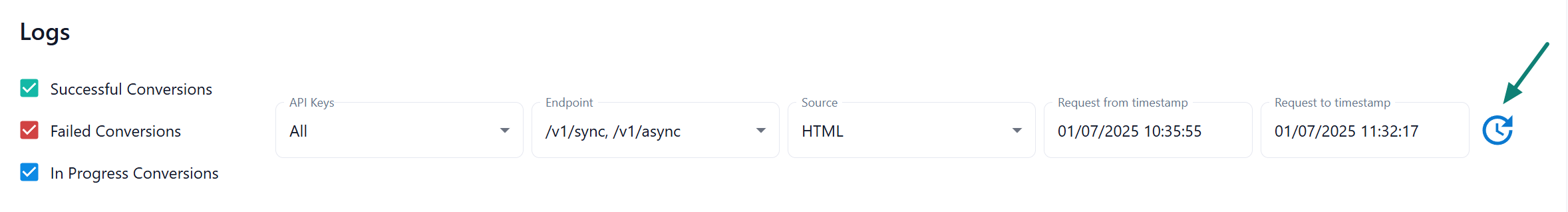 Filtering options for logs, allowing users to filter requests by date, API key, endpoint, source or result