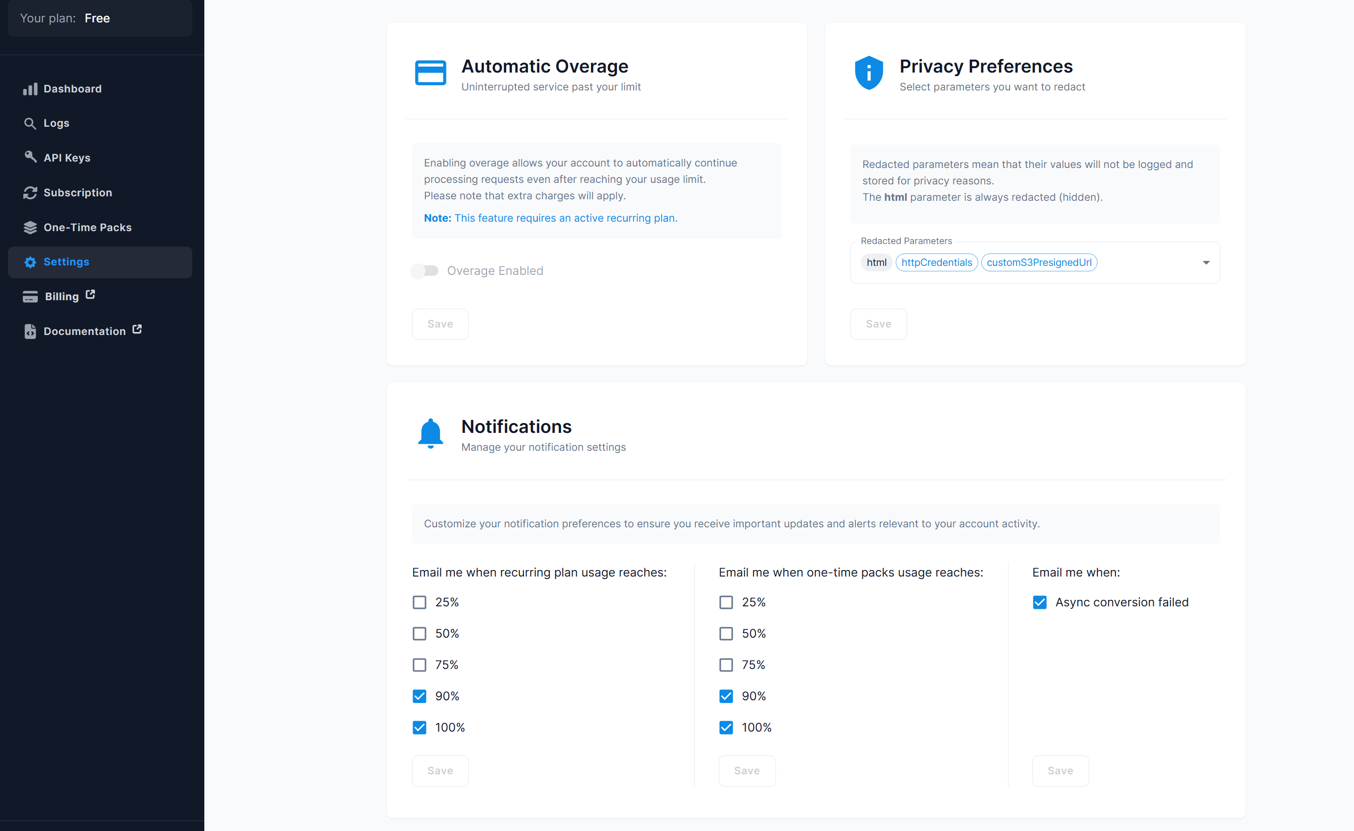 Settings page showing customizable options for overage, privacy, and notifications