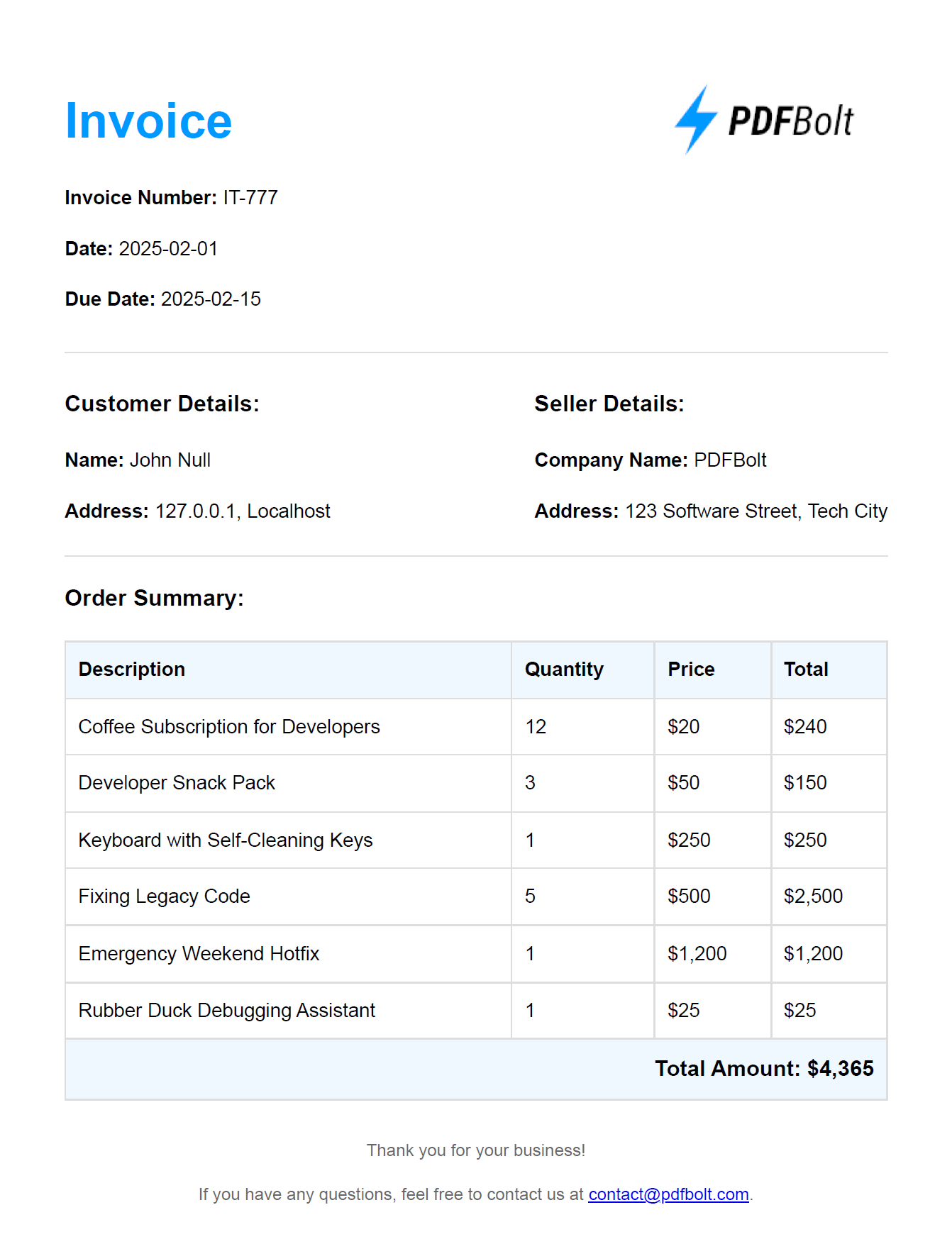 Example of a generated invoice PDF showcasing customer details, order summary, and pricing, created using Playwright