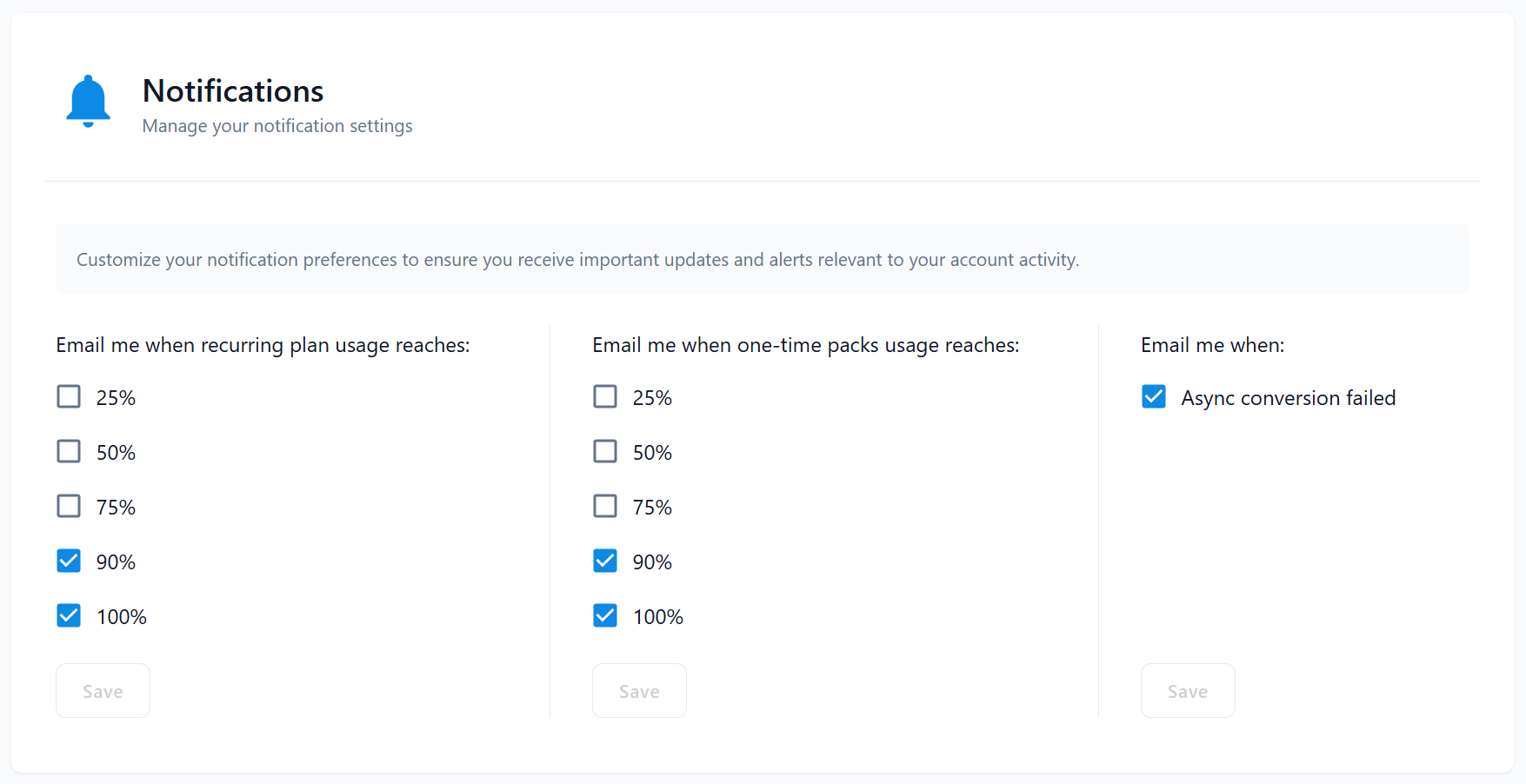 Notification settings for managing alerts on usage, one-time packs, and async call failures