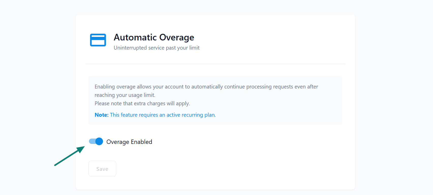 Overage settings allowing users to enable additional requests beyond usage limits