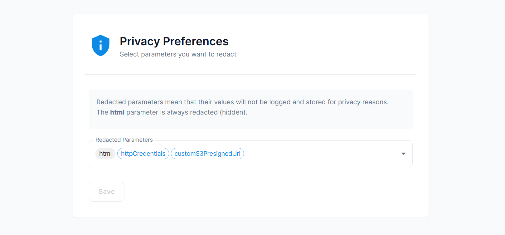 Privacy preferences page for customizing redacted parameters and enhancing privacy