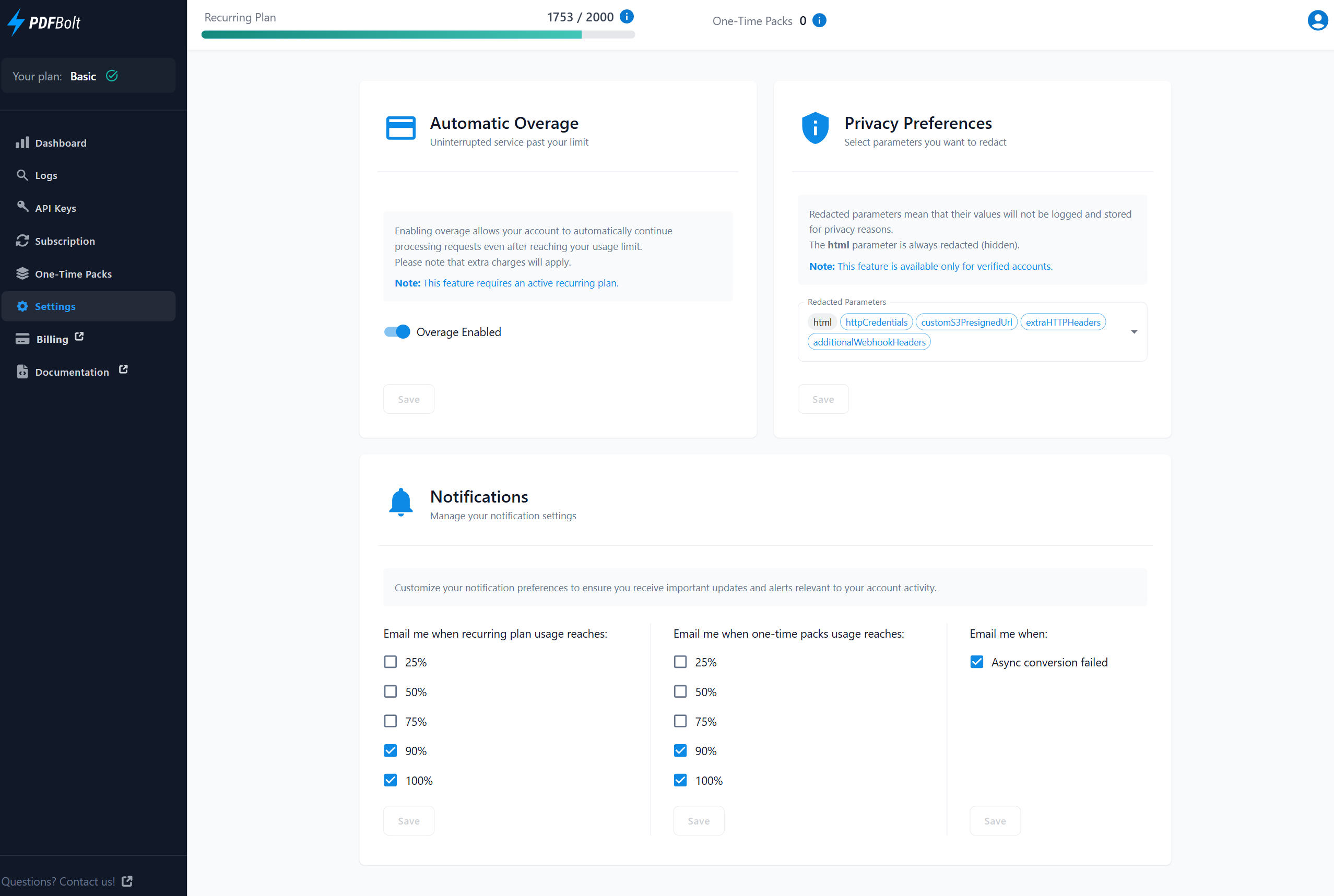 Settings Page